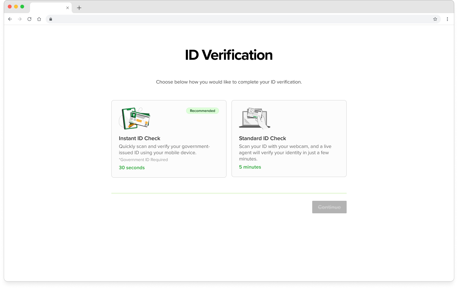 ID Verification screen: choose Instant ID Check (recommended, 30 seconds) or Standard ID Check with a live agent (5 minutes).